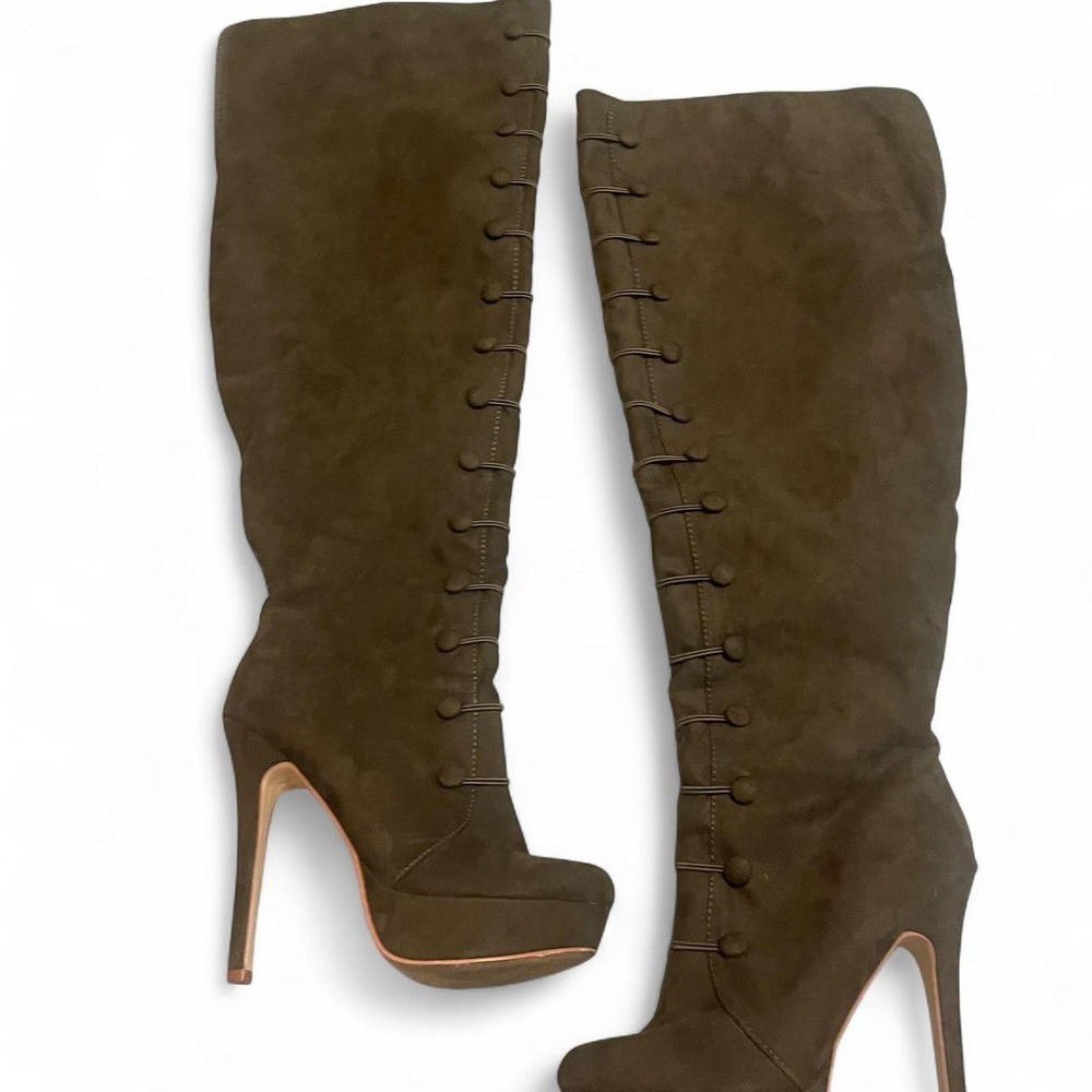 Olive green suede over the knee boots with button detail'